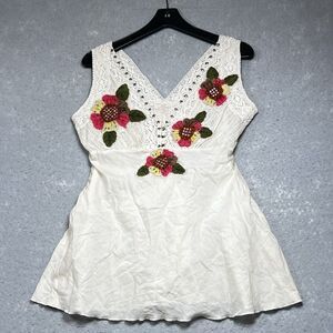 Joystick Johnny Was Tank Top Off-White Floral Embroidered Women’s Large Boho